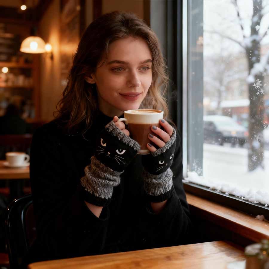 🔥Winter Hot Sale 49% off😻Cat Knitted Embroidery Fingerless Gloves - Cosy, Stylish, Casual Winter Wear-1