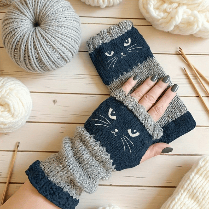 🔥Winter Hot Sale 49% off😻Cat Knitted Embroidery Fingerless Gloves - Cosy, Stylish, Casual Winter Wear-4