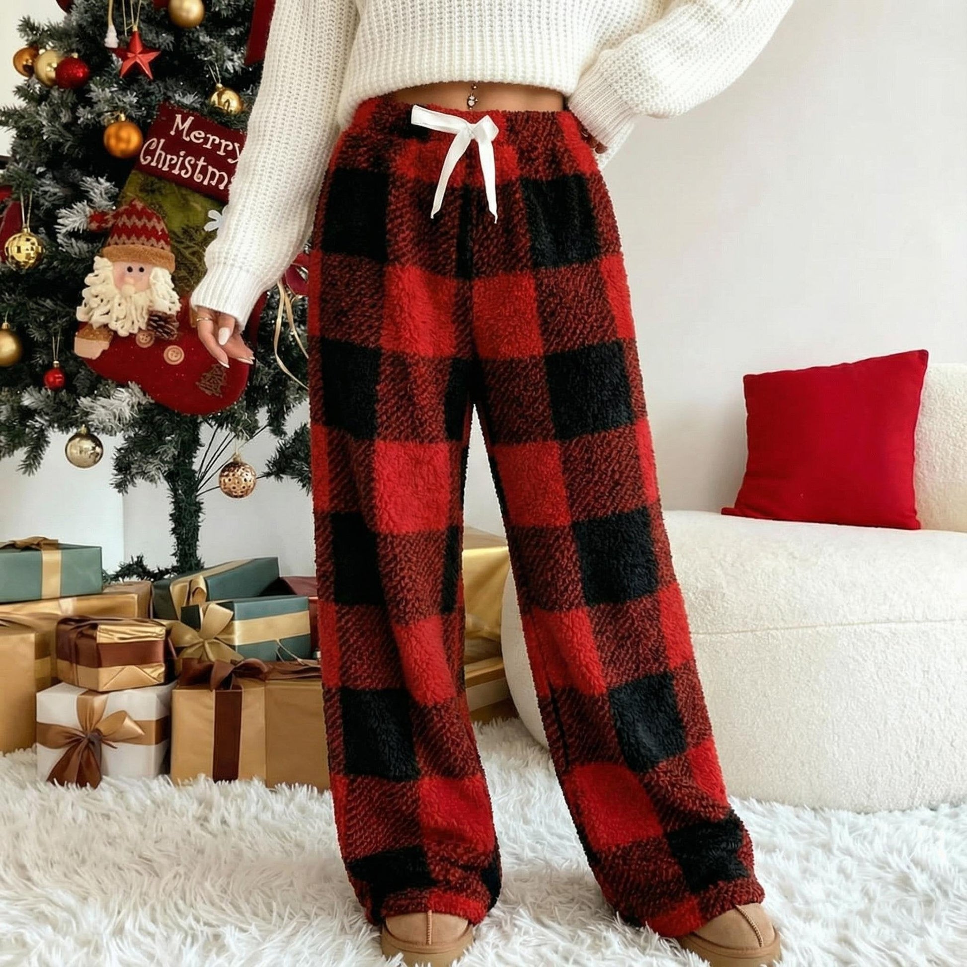 🎅LAST DAY SALE 50% OFF🔥Winter Vintage Plaid Elastic Straight Loose Thick Warm Casual Pants-9