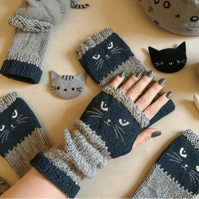 🔥Winter Hot Sale 49% off😻Cat Knitted Embroidery Fingerless Gloves - Cosy, Stylish, Casual Winter Wear-5