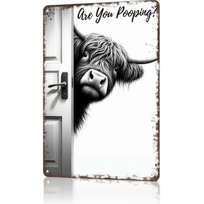⏳NEW YEAR  SALE 49% OFF🔥Vintage Highland Cow Aluminum Sign: Funny "Are You Pooping?" Black and White Bathroom Wall Decor