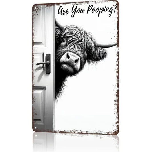 ⏳NEW YEAR  SALE 49% OFF🔥Vintage Highland Cow Aluminum Sign: Funny "Are You Pooping?" Black and White Bathroom Wall Decor