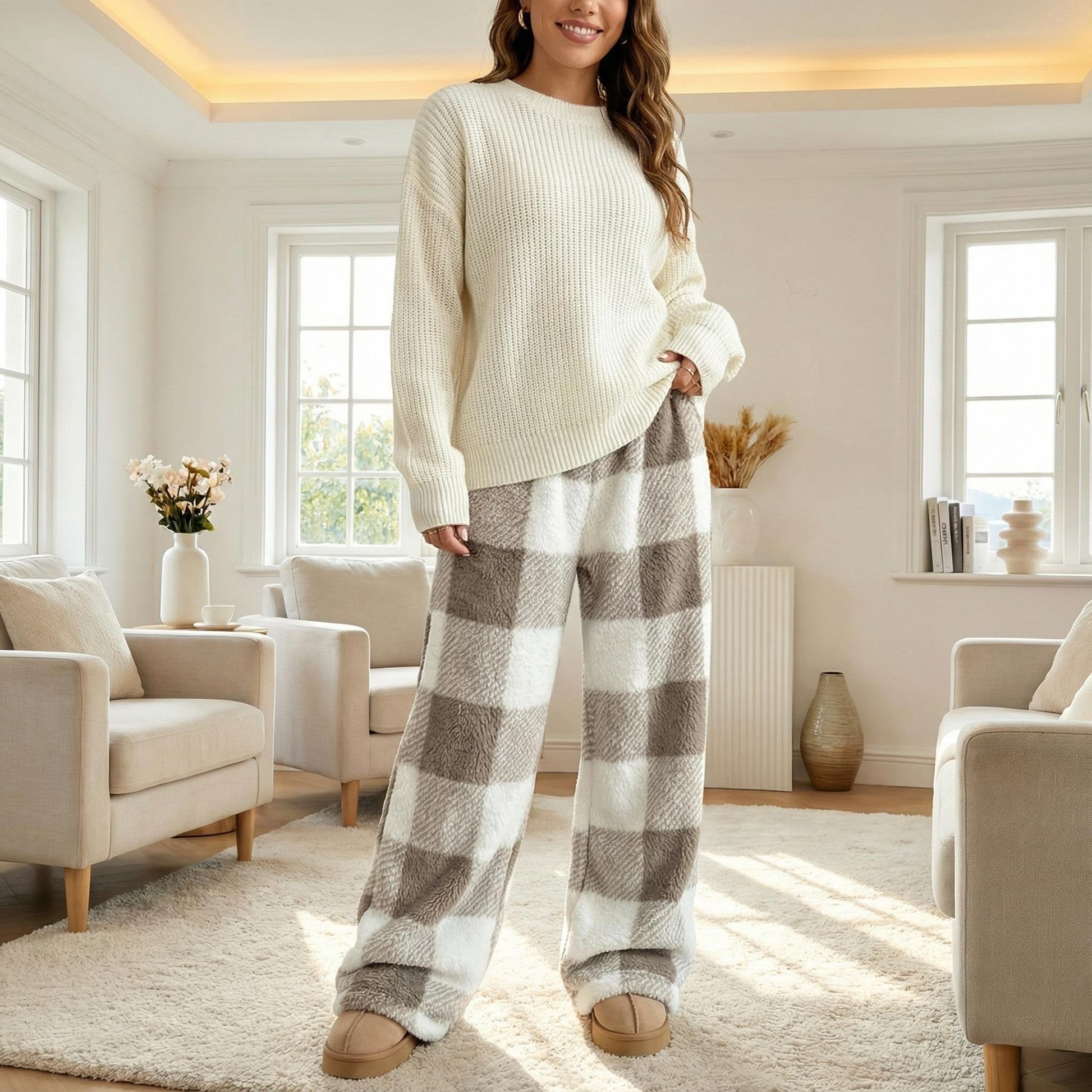 🎅LAST DAY SALE 50% OFF🔥Winter Vintage Plaid Elastic Straight Loose Thick Warm Casual Pants-4