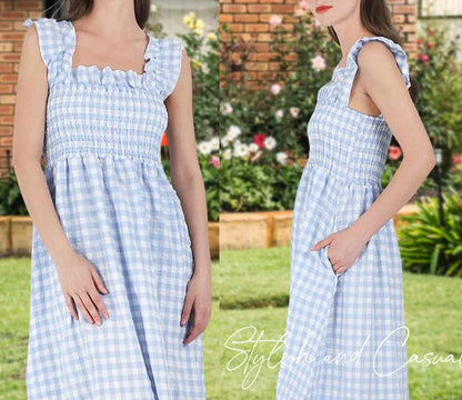 💖LAST DAY SALE: ONLY ￡18.99!!💖Women's Retro Plaid Smocked Dress Spaghetti Strap Flounce Long Dress With Pockets