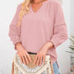 💥Last Day Special Sale 49% OFF👚Womens 3/4 Lantern Sleeve Casual V-Neck T-Shirts Pleated Loose Hollow-Out Blouse