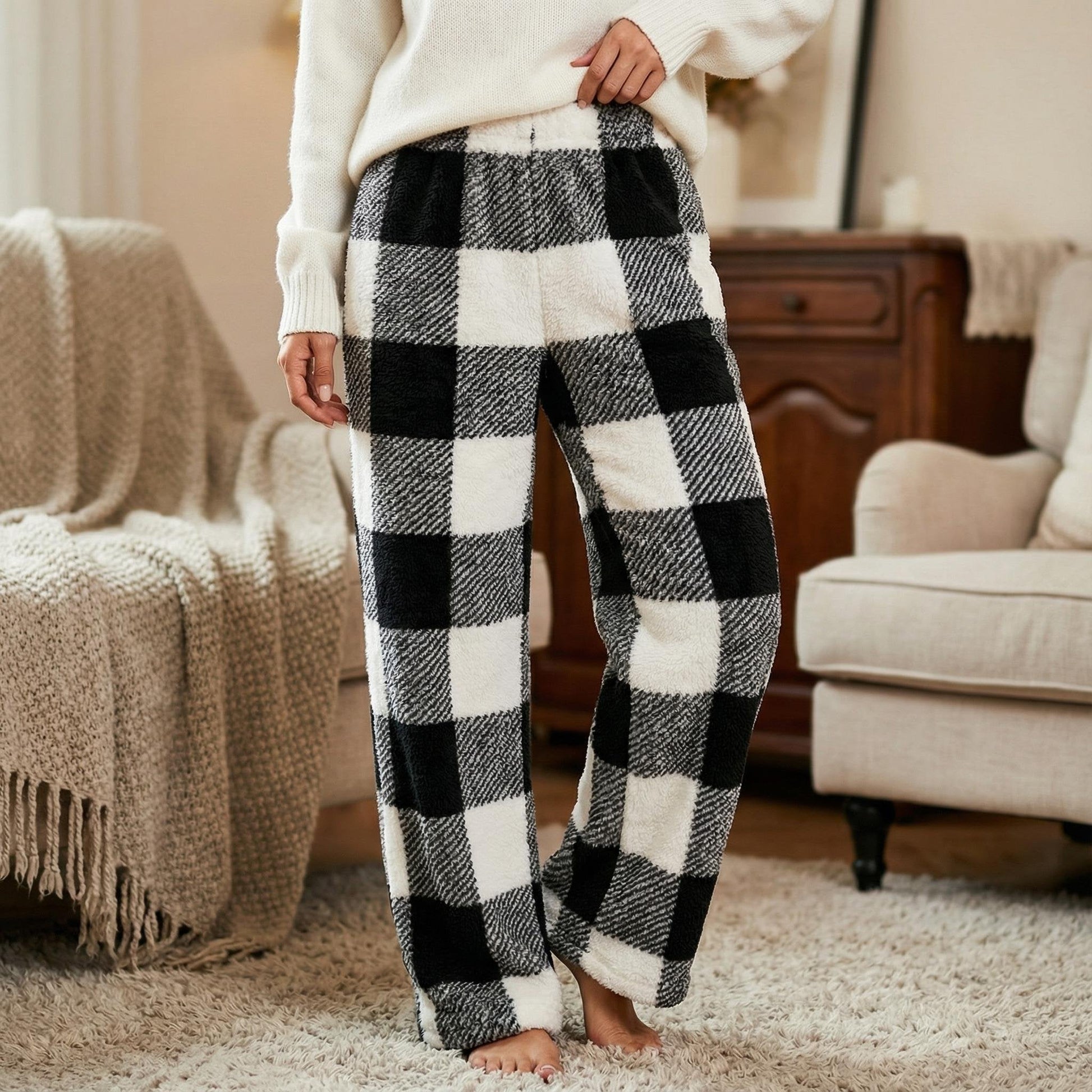 🎅LAST DAY SALE 50% OFF🔥Winter Vintage Plaid Elastic Straight Loose Thick Warm Casual Pants-8