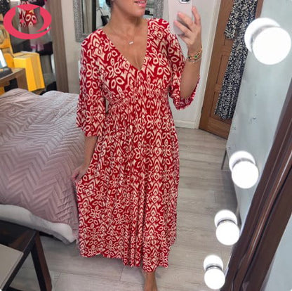 🔥LAST DAY SALE 49% OFF🔥Bohemian Casual Print V-neck Waist Wrap Long Dress