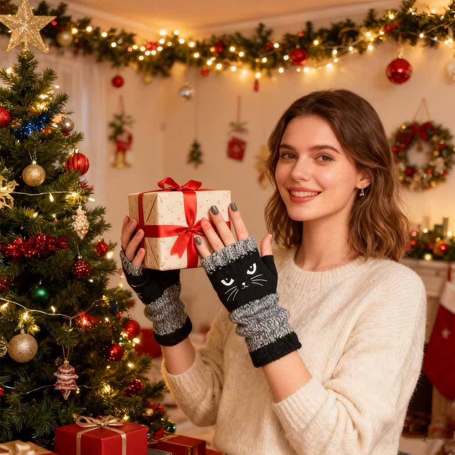 🔥Winter Hot Sale 49% off😻Cat Knitted Embroidery Fingerless Gloves - Cosy, Stylish, Casual Winter Wear