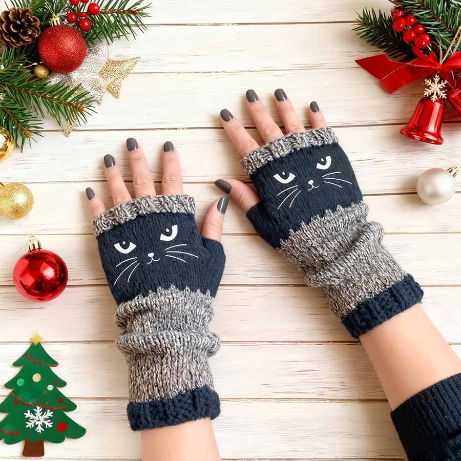 🔥Winter Hot Sale 49% off😻Cat Knitted Embroidery Fingerless Gloves - Cosy, Stylish, Casual Winter Wear-6