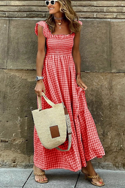 💖LAST DAY SALE: ONLY ￡18.99!!💖Women's Retro Plaid Smocked Dress Spaghetti Strap Flounce Long Dress With Pockets