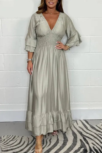 🎉Spring Specials Sale 50% OFF💃Women's Satin Ruffle High Waist Maxi Dress