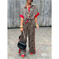 🌸Spring Hot Sale 50% OFF💐Leopard Print Color Block Short Sleeve Loose Shirt and Elastic Waist Pants Set