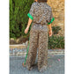 🌸Spring Hot Sale 50% OFF💐Leopard Print Color Block Short Sleeve Loose Shirt and Elastic Waist Pants Set